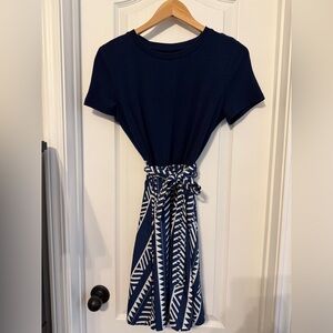 Navy Short Sleeve Dress with Printed Skirt & Tie Waist